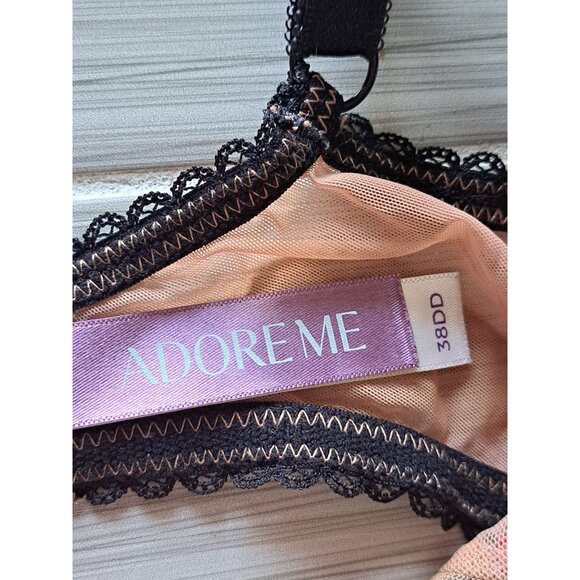 Adore Me Contour Plunge Bra 38DD Floral Embroidered Lace Black & Tan Sheer - Picture 4 of 11